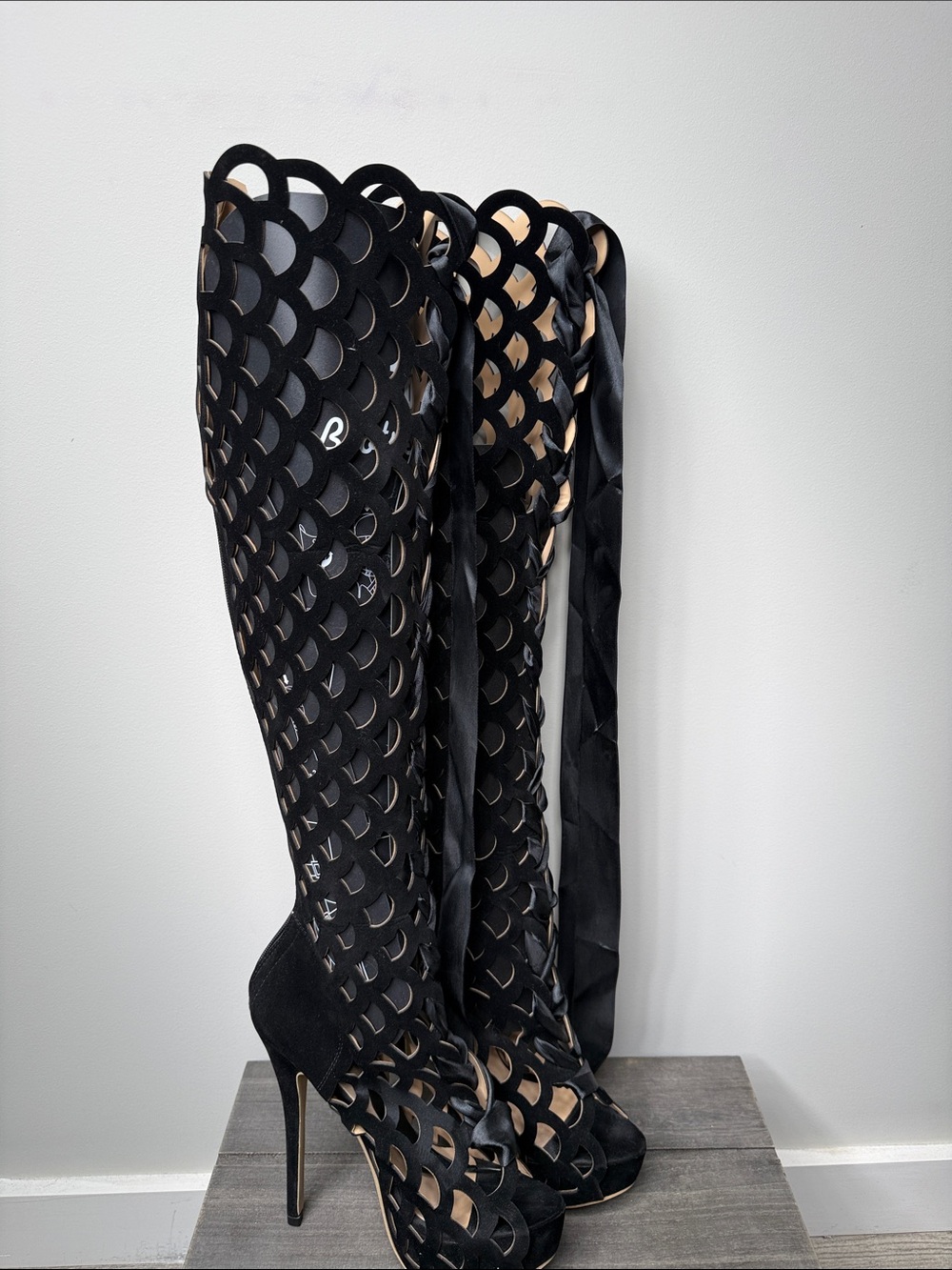 Black Laser-Cut Over-the-Knee Lace-Up Stiletto Boots